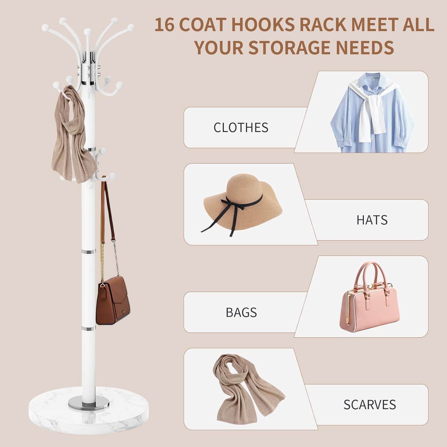 Modern Metal Coat Rack with 360 Rotary Design and Natural Marble Base