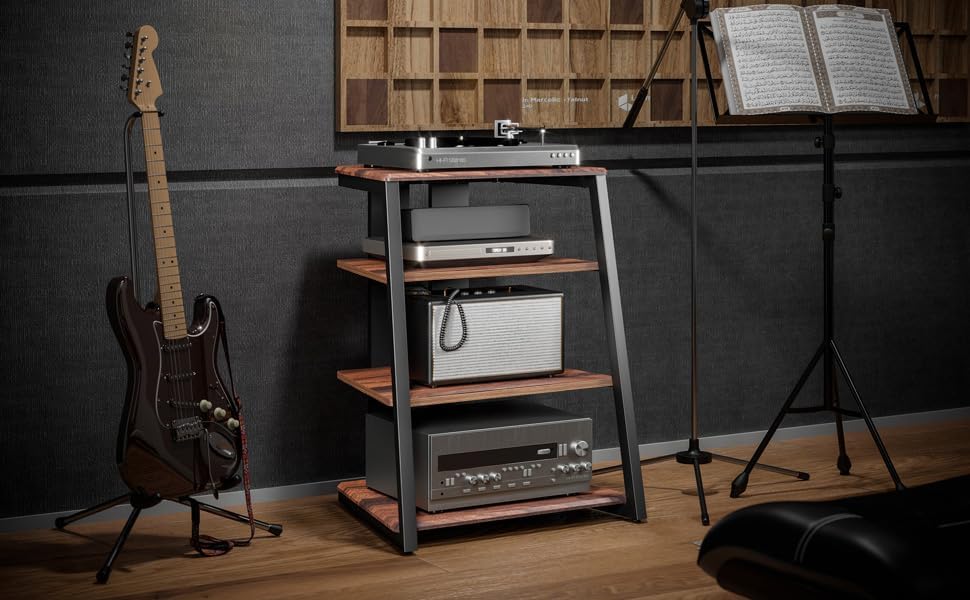 FITUEYES 4-Tier Media Stand Corner Shelf for PS4 and Record Player