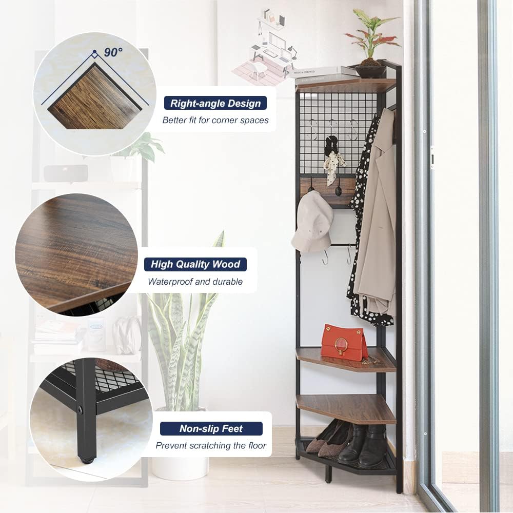 HIDODO Corner Hall Tree with Shoe Rack and Storage Shelf