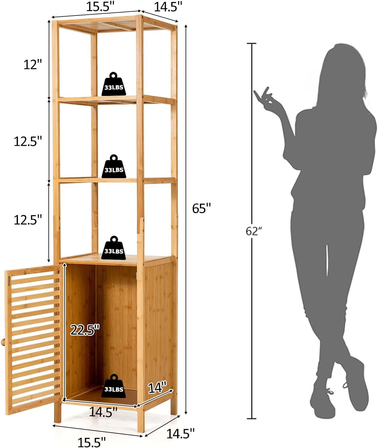 Giantex Bamboo Storage Cabinet 4-Tier Slim Shelving Unit with Shutter Door and Anti-Toppling Device