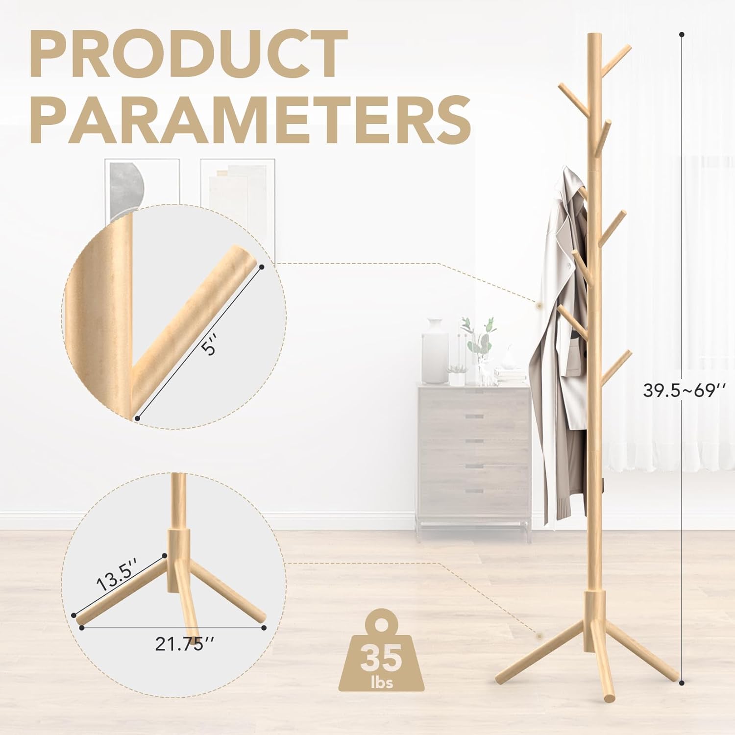 Wooden Coat Rack with 8 Hooks Freestanding