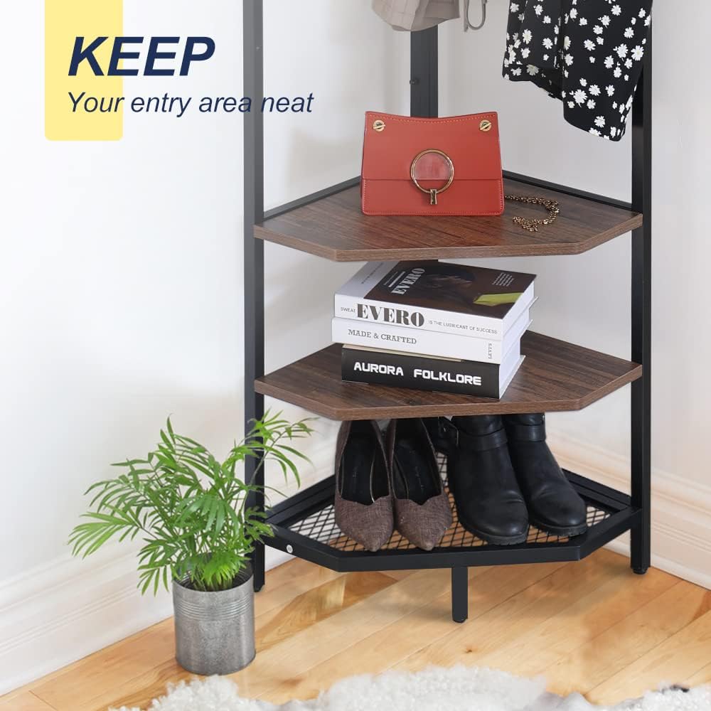 HIDODO Corner Hall Tree with Shoe Rack and Storage Shelf
