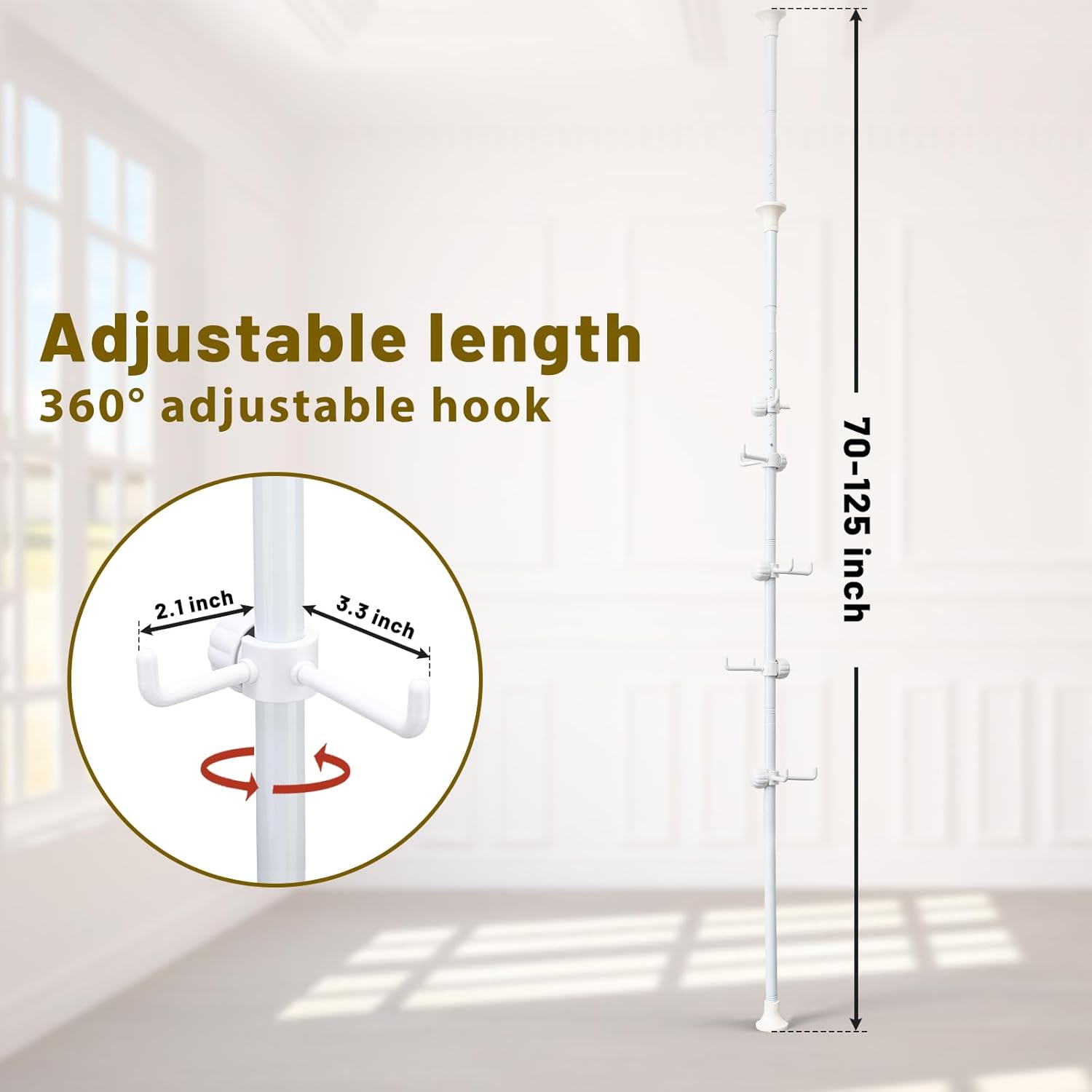 Freestanding Coat Rack with 12 Hooks and Adjustable Tension Rod White