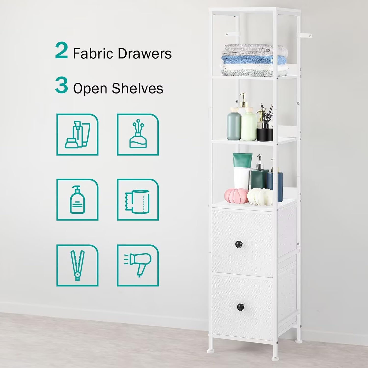 NOVIMANGO White Bathroom Storage Cabinet with 5-Tier Shelves and Fabric Drawers