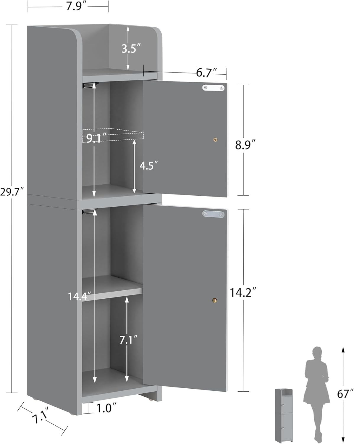 FIONESO Small Bathroom Storage Cabinet with Doors and Adjustable Shelves Grey
