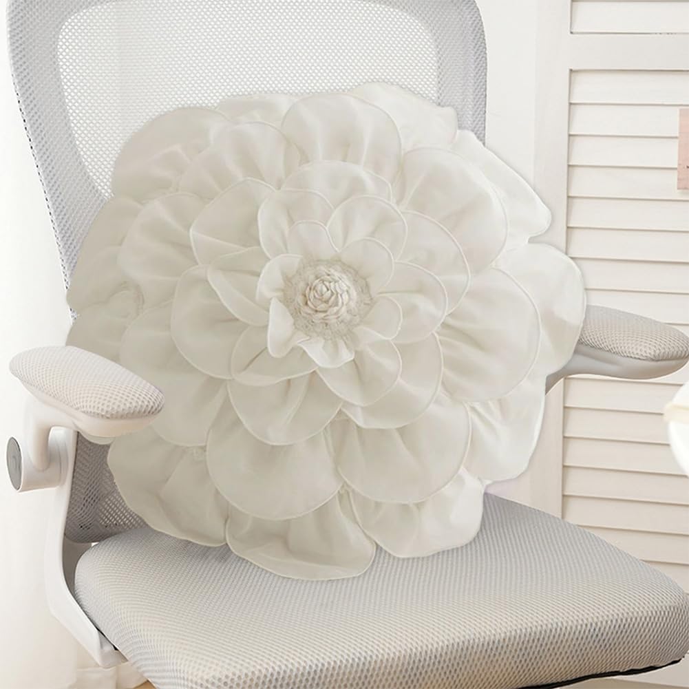 3D Flower Round Pillow with Insert White