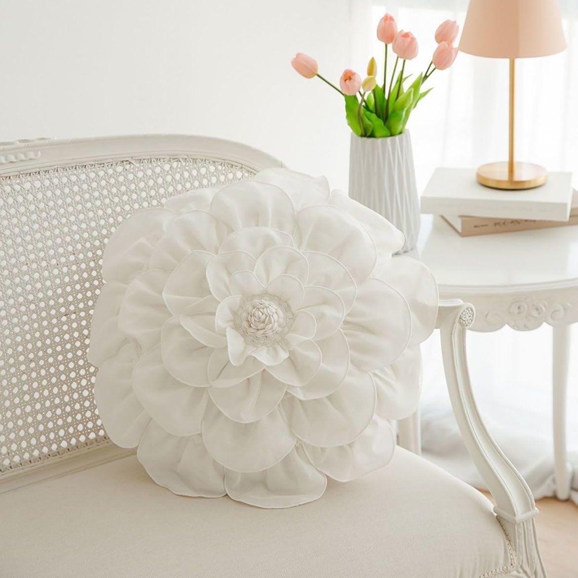 3D Flower Round Pillow with Insert White