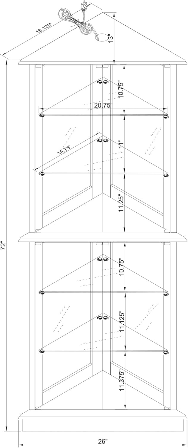6 Shelves Corner Curio Cabinet with Lighting and Mirrored Back