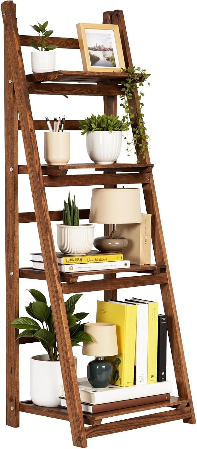 IDZO 4 Tier Wooden Ladder Shelf Storage Unit