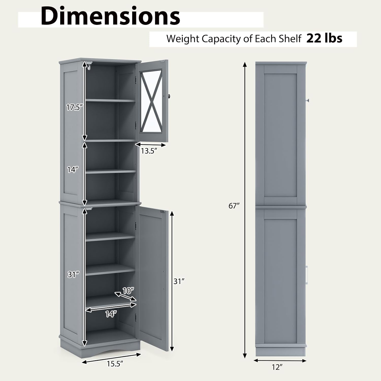 Tangkula 67 Inch Tall Bathroom Cabinet with Acrylic Doors and Adjustable Shelves