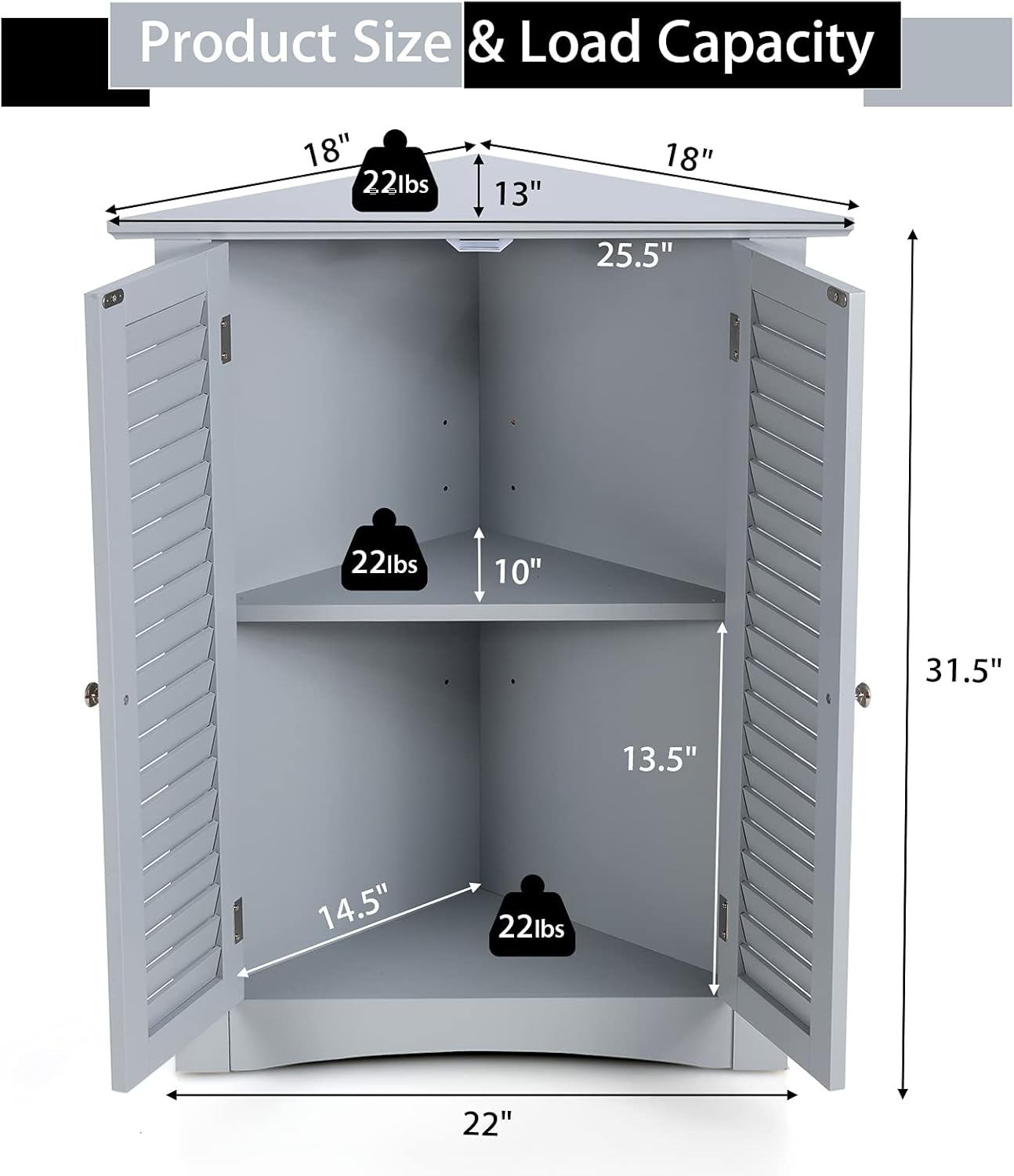 Tangkula Corner Cabinet with Double Doors and Adjustable Shelf Grey