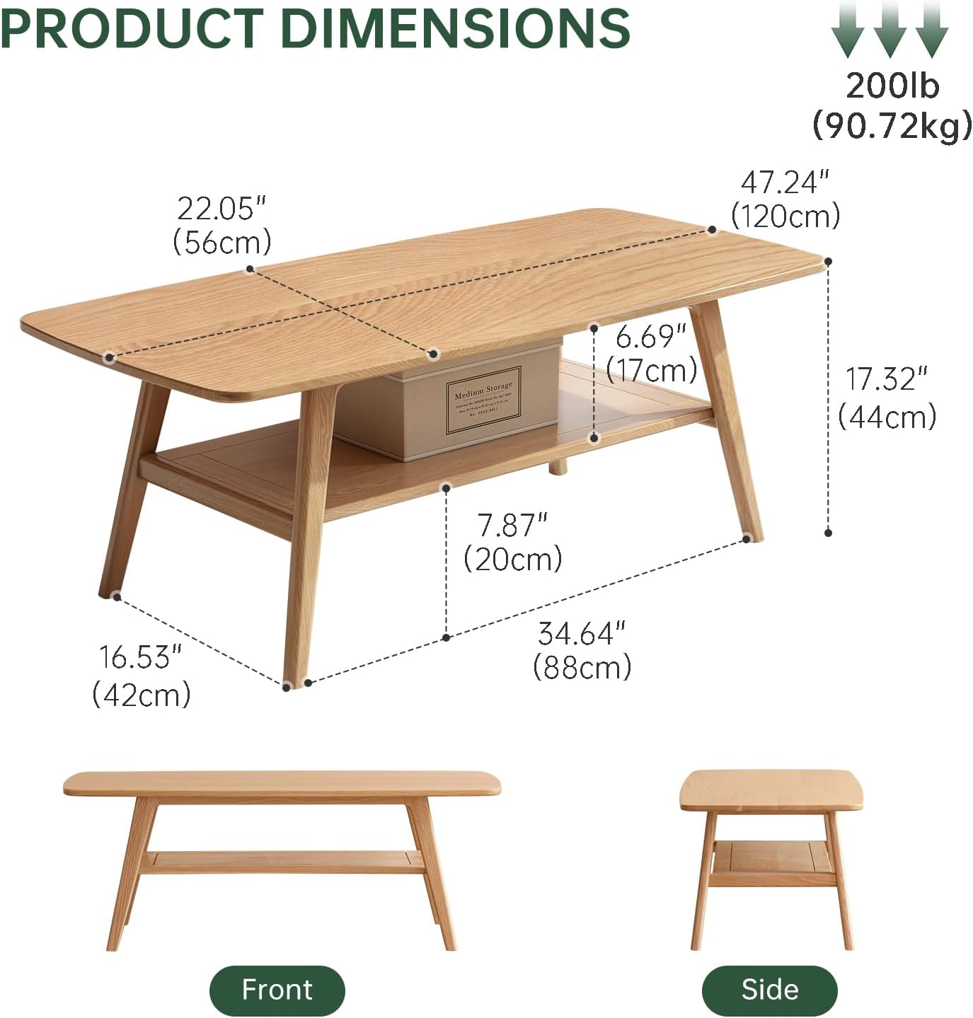 Wayshome Solid Oak Coffee Table 2-Tier with Shelf