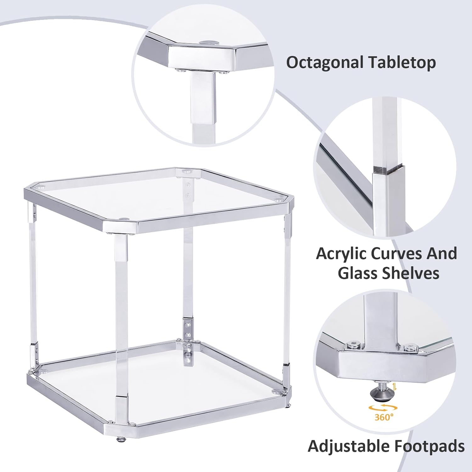 Silver Square Glass Top Side Table - Modern Nightstand for Living Room and Bedroom