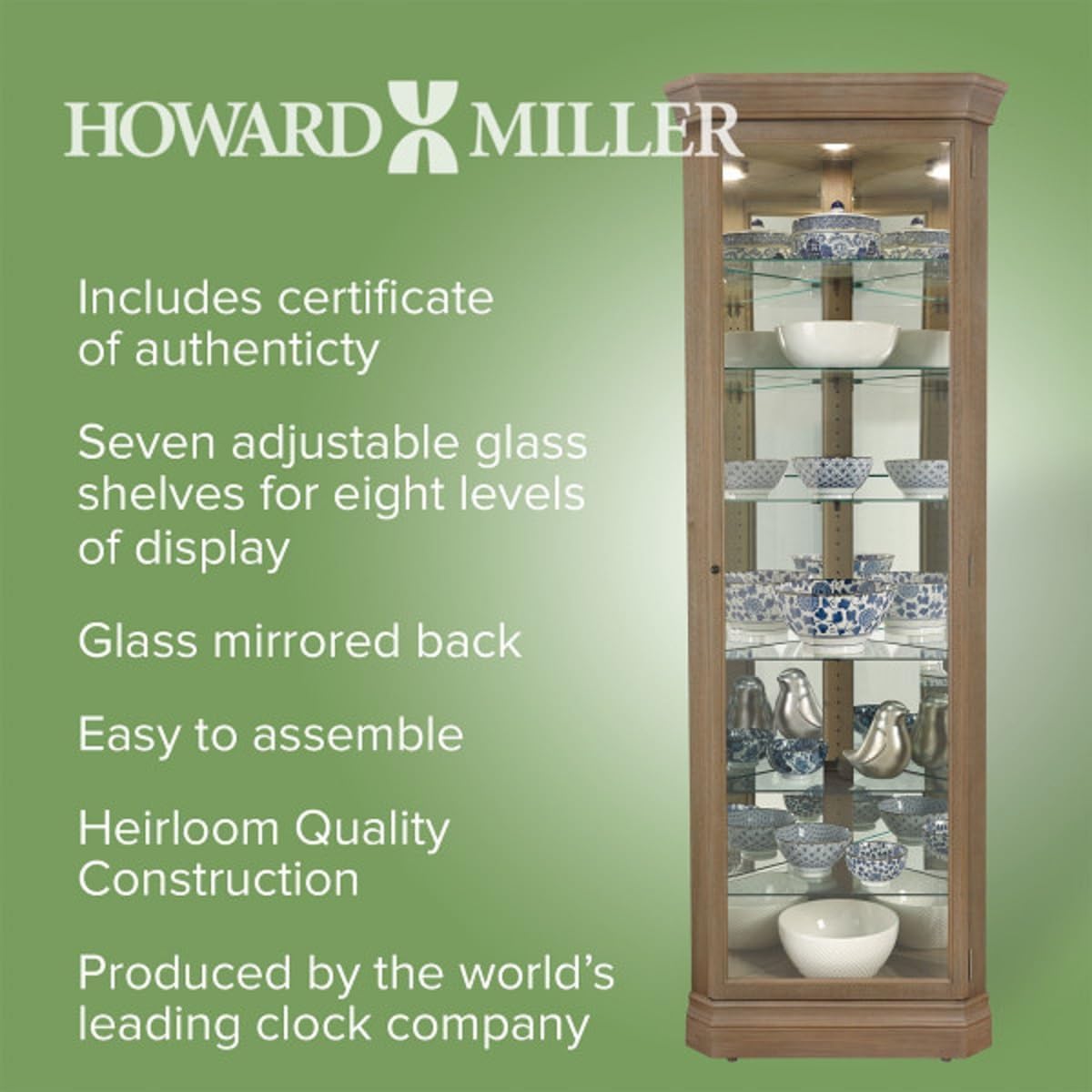 Howard Miller Glauber Corner Curio Cabinet II with Lockable Slide Door and Grey Finish