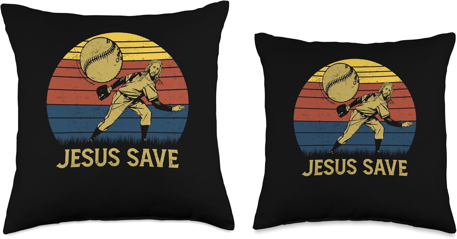 Jesus Save Retro Baseball Pitcher Christian Throw Pillow