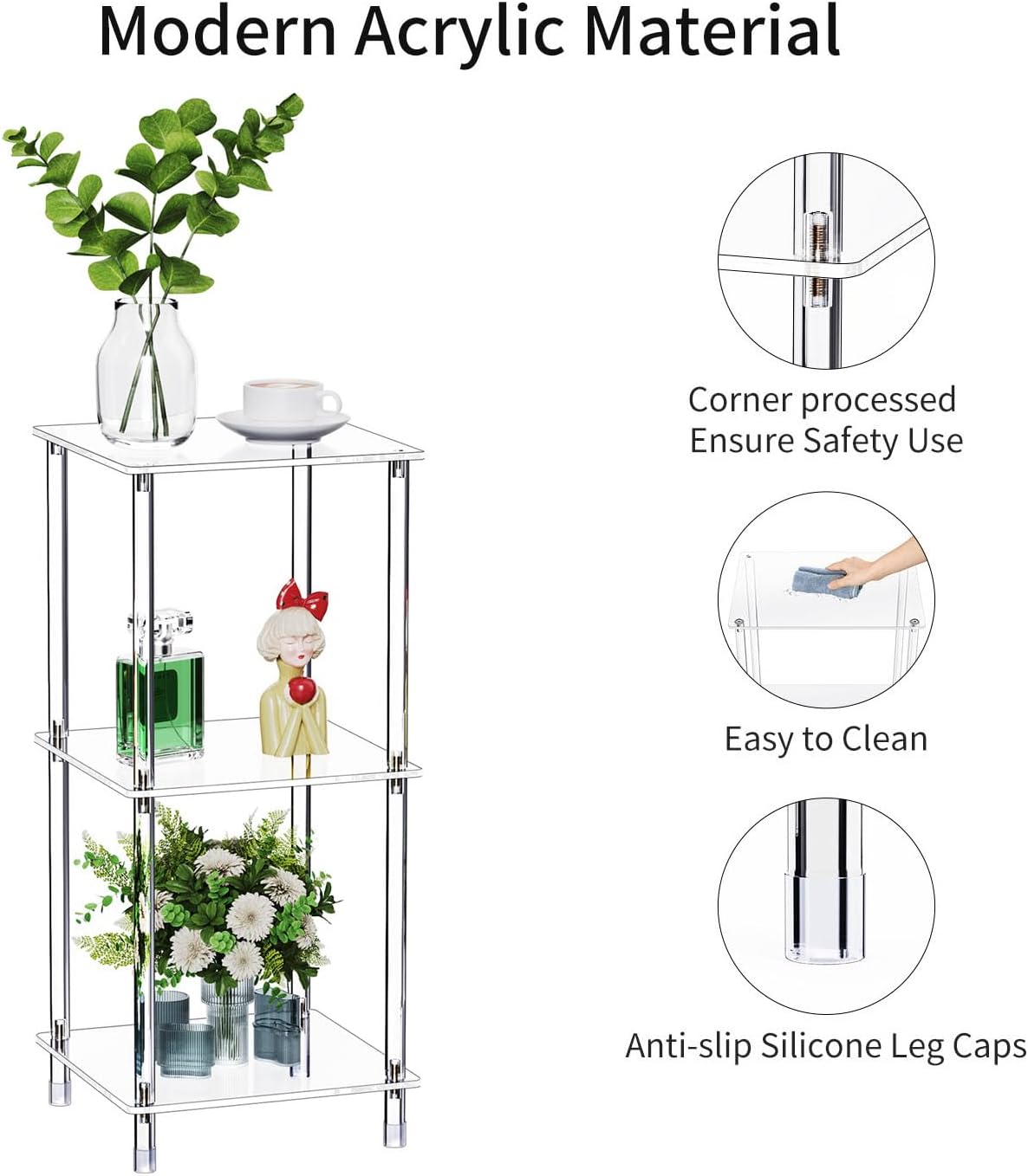Clear Acrylic 3-Tier Side Table for Living Room and Bedroom