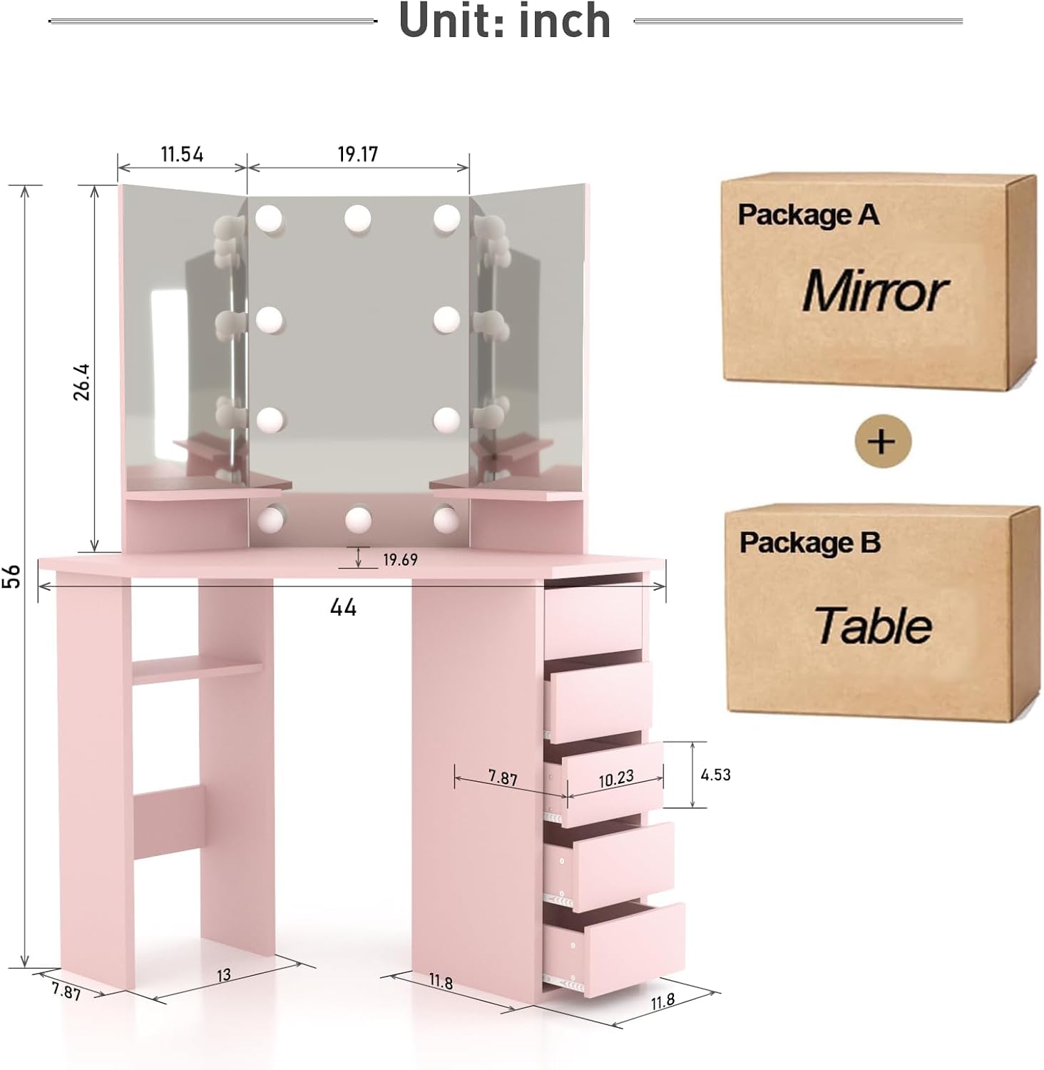 Likein Corner Vanity Desk with Mirror and Lights