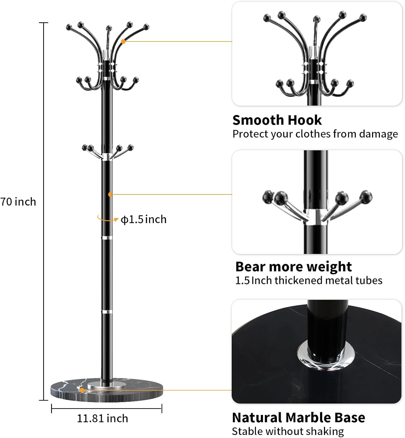Snaikor Modern Coat Rack with Marble Base Black