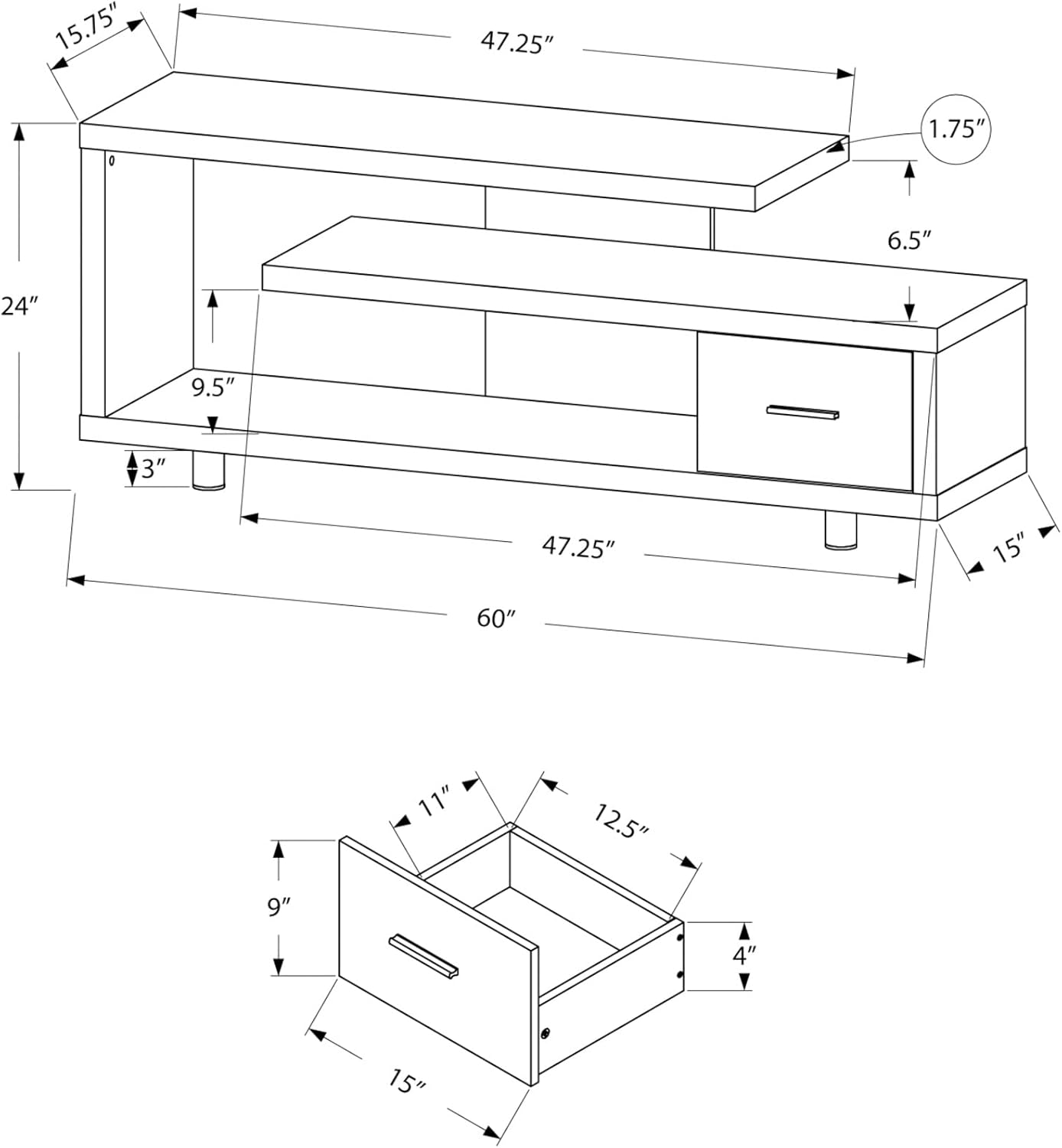 Spacious and Stylish 60 Inch TV Stand Black Grey Laminate