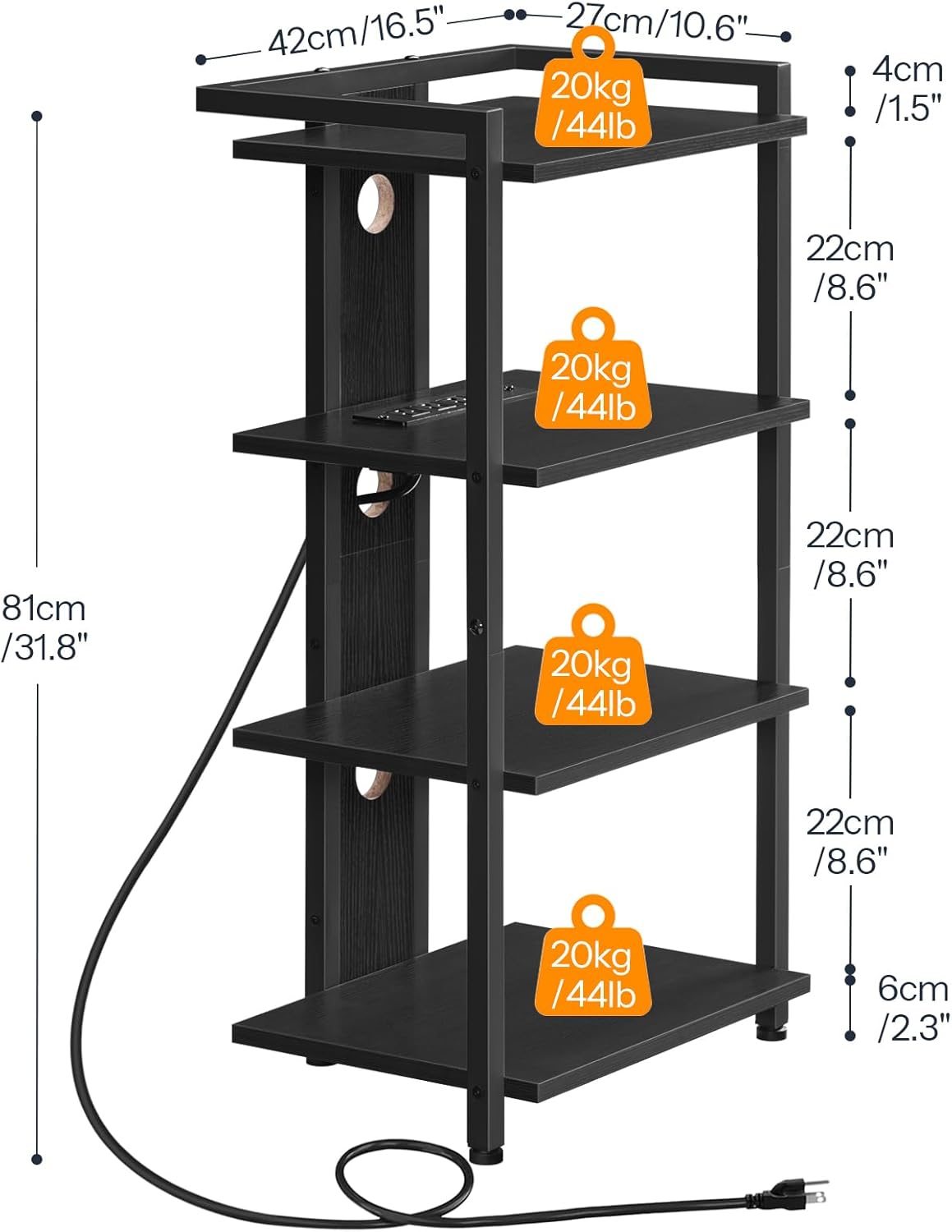 HOOBRO 4-Tier AV Media Console with LED Light and Charging Station Black