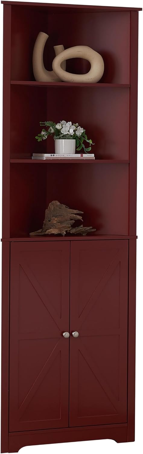 Kings Brand Tall Wooden Corner Cabinet with 2 Doors and 5 Shelves Red