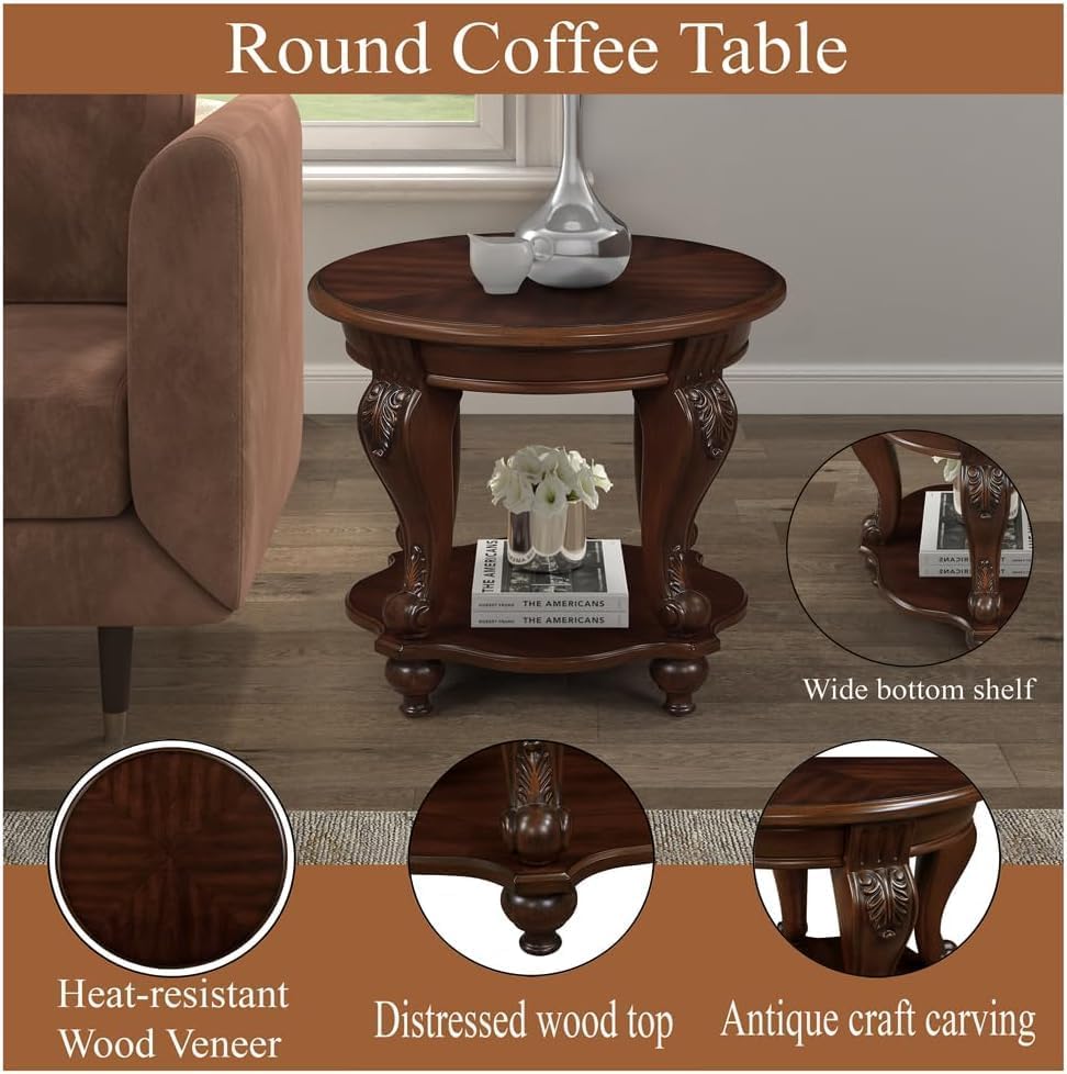 Solid Wood Round End Table with Shelf and Elegant Carvings