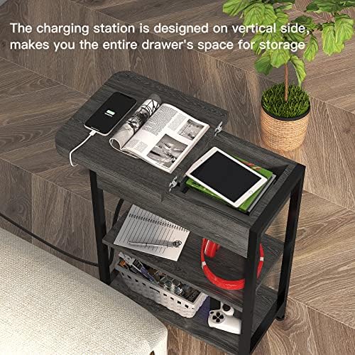 LIDYUK End Table with Charging Station USB Ports and Outlets Flip Top Side Table for Small Spaces Dark Grey