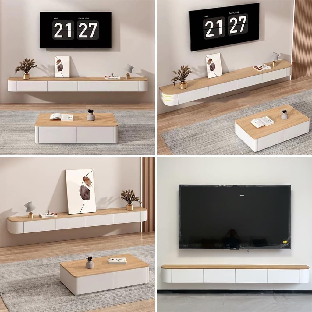 Sobstkeo Floating TV Stand Wall Mounted Cabinet 140CM Wood and White