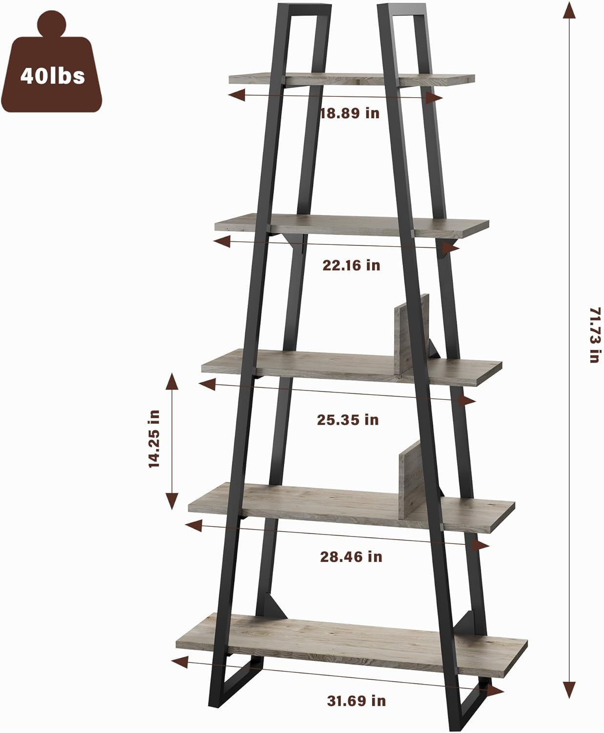 WildVenture 5-Tier A-Shape Bookshelf with Metal Frame