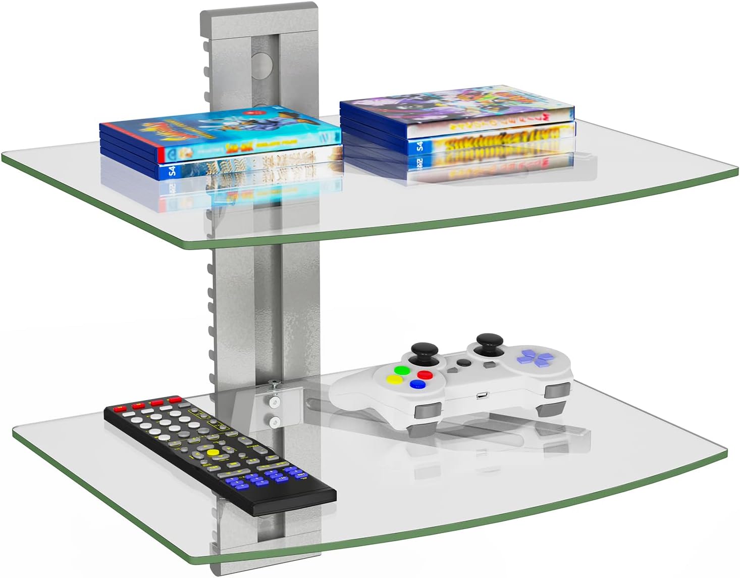 WALI Floating Entertainment Shelves 2-Tier 176lbs Weight Capacity Tempered Glass Silver