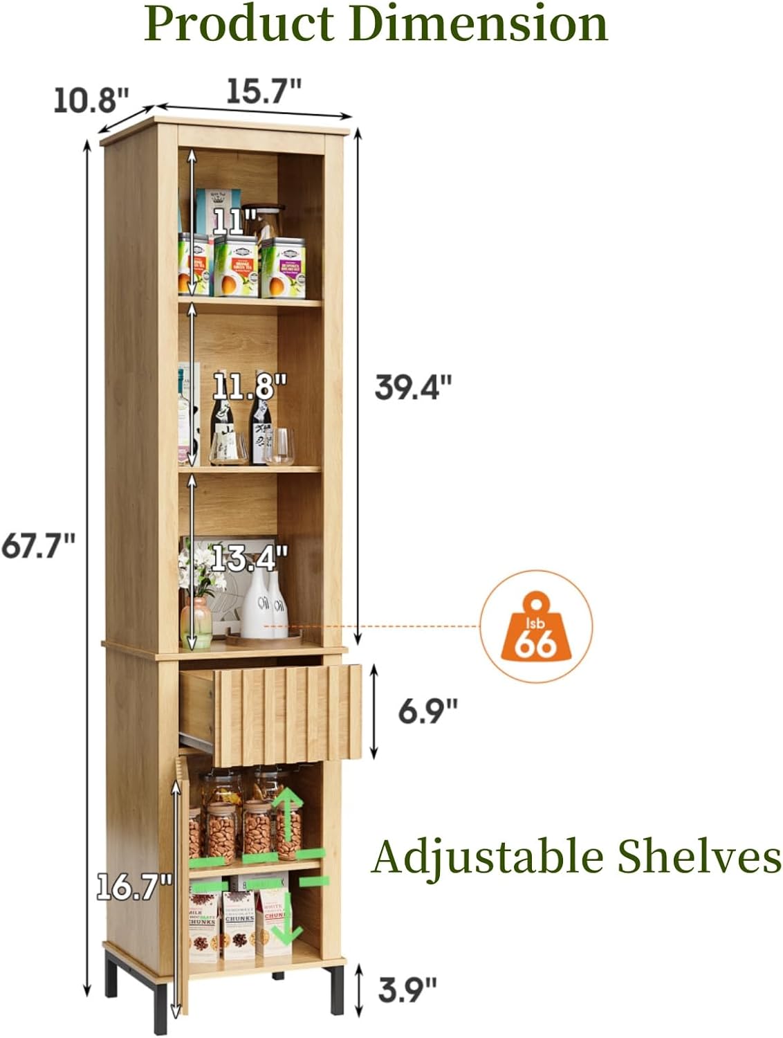 Maupvit 68 Inch Tall Bathroom Storage Cabinet with Doors and Drawer