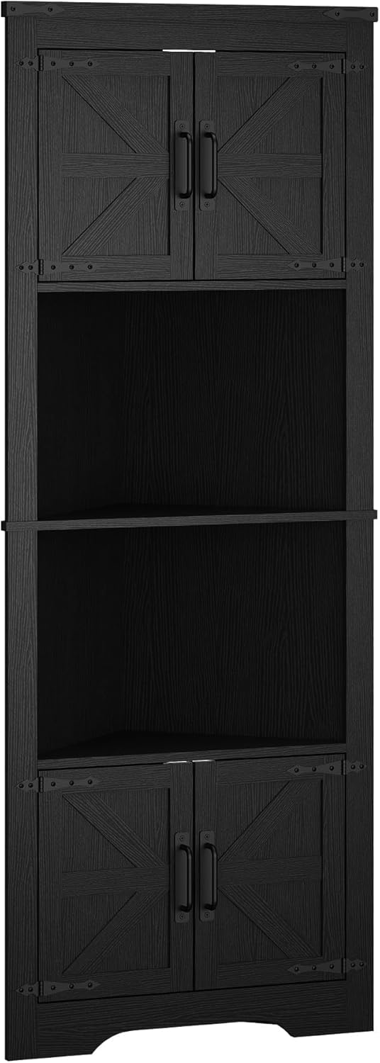 Panana Tall Corner Cabinet with Barn Doors and Adjustable Shelves Black