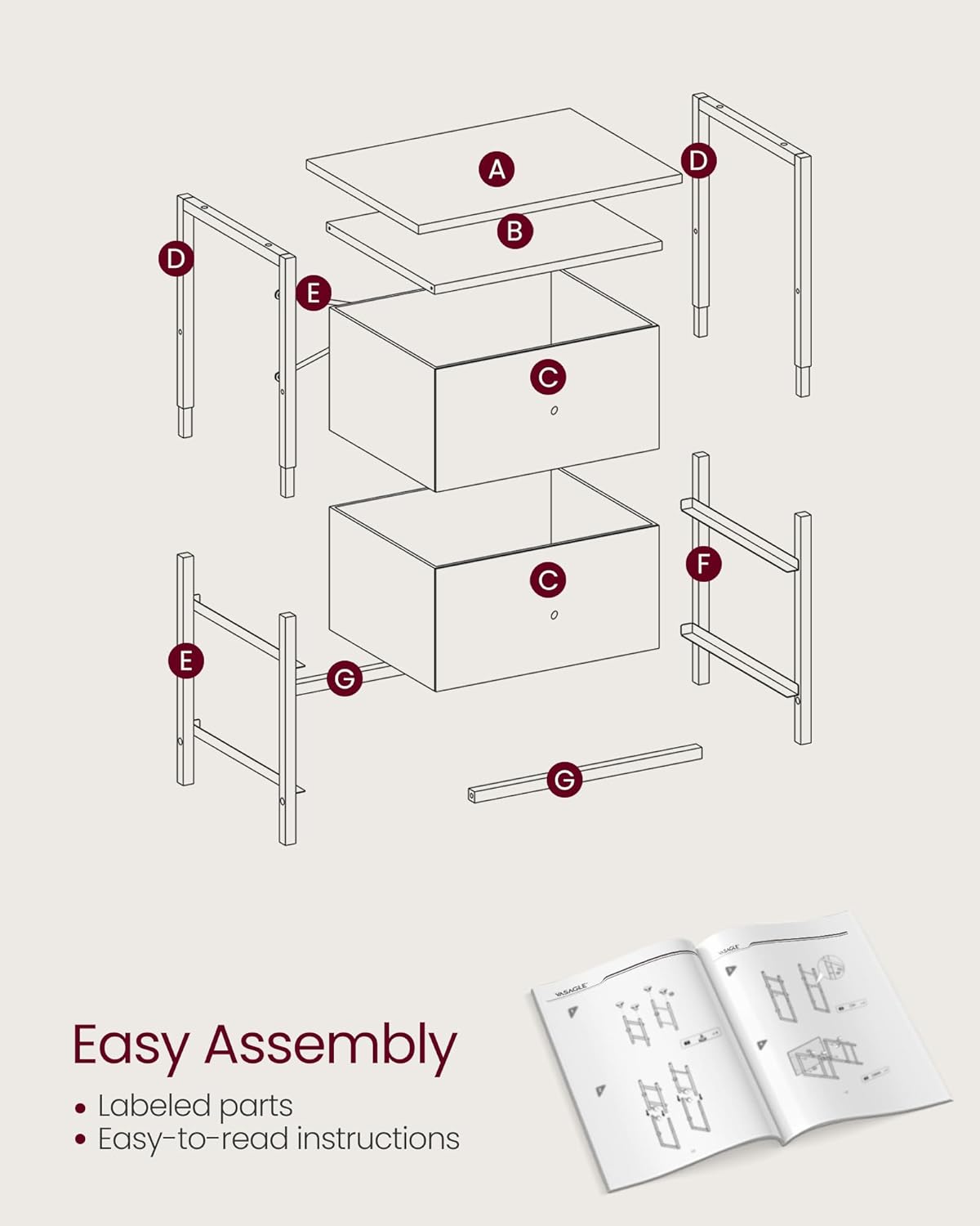 VASAGLE Nightstand with 2 Fabric Drawers and 2 Shelves