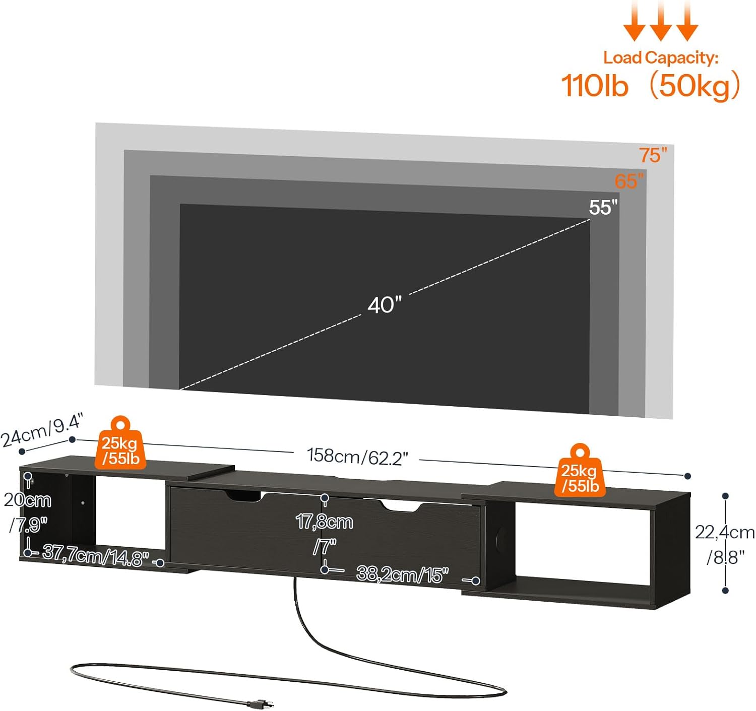 HOOBRO 622 Floating TV Stand with Power Outlet Black