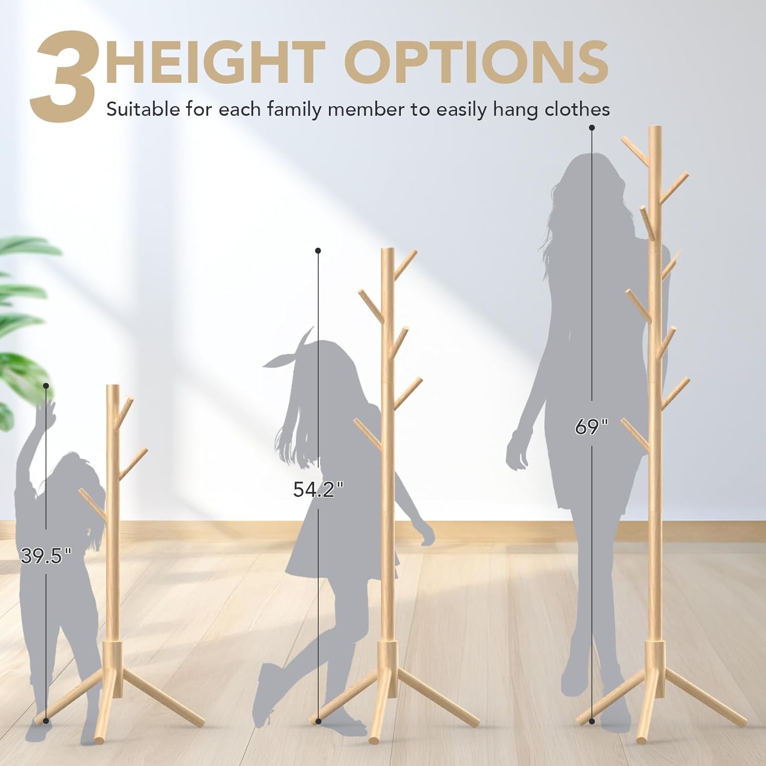 Wooden Coat Rack with 8 Hooks Freestanding