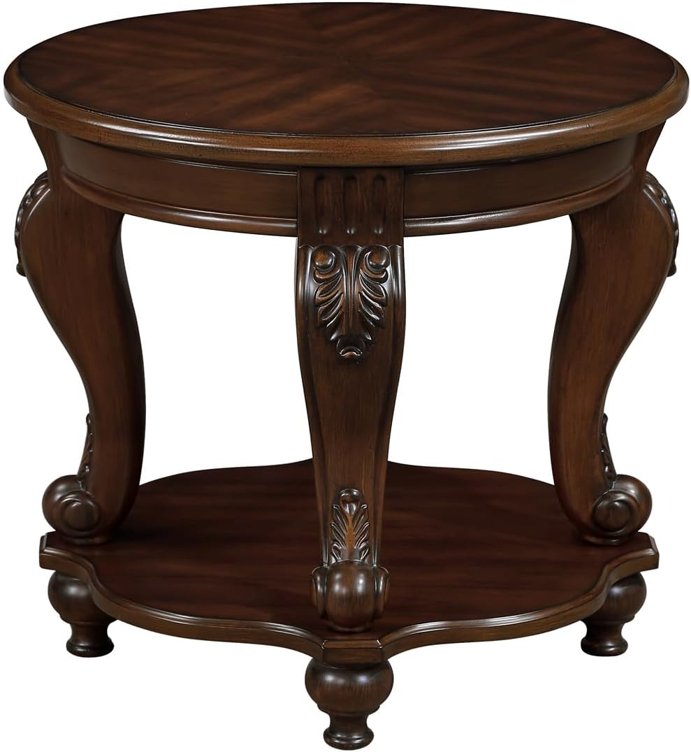22 Inch Round End Table with Storage Shelf and Cherry Finish