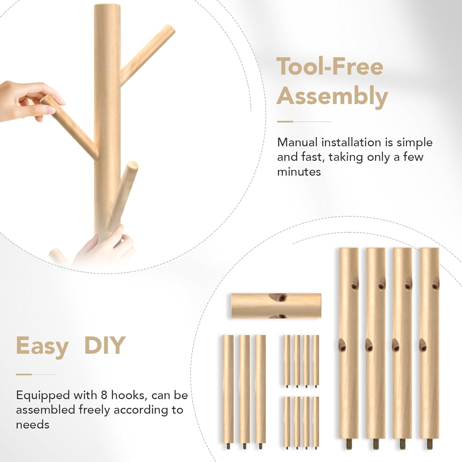 Wooden Coat Rack with 8 Hooks Freestanding