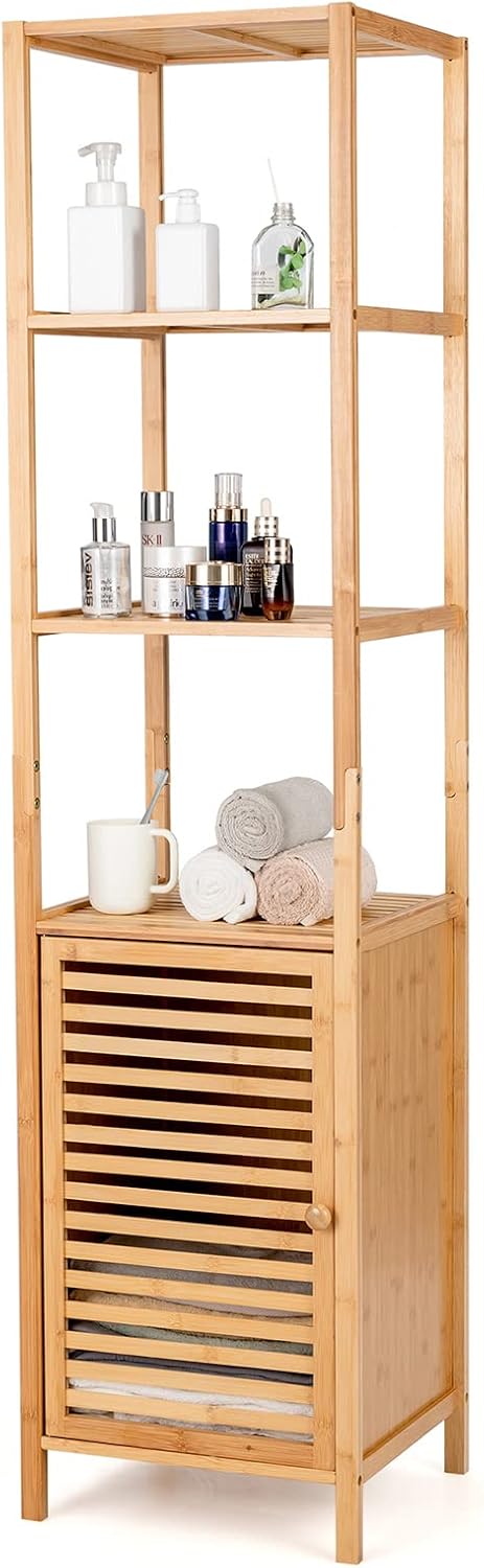 Giantex Bamboo Storage Cabinet 4-Tier Slim Shelving Unit with Shutter Door and Anti-Toppling Device