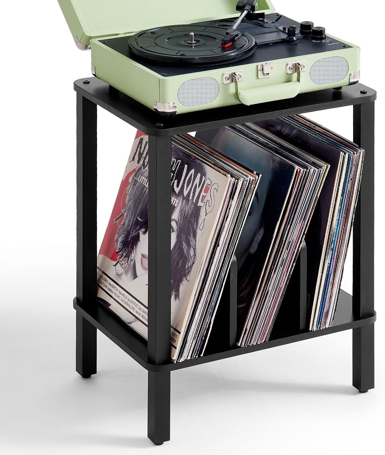 LELELINKY 2-Tier Record Player Stand with Storage for 100 Albums Black