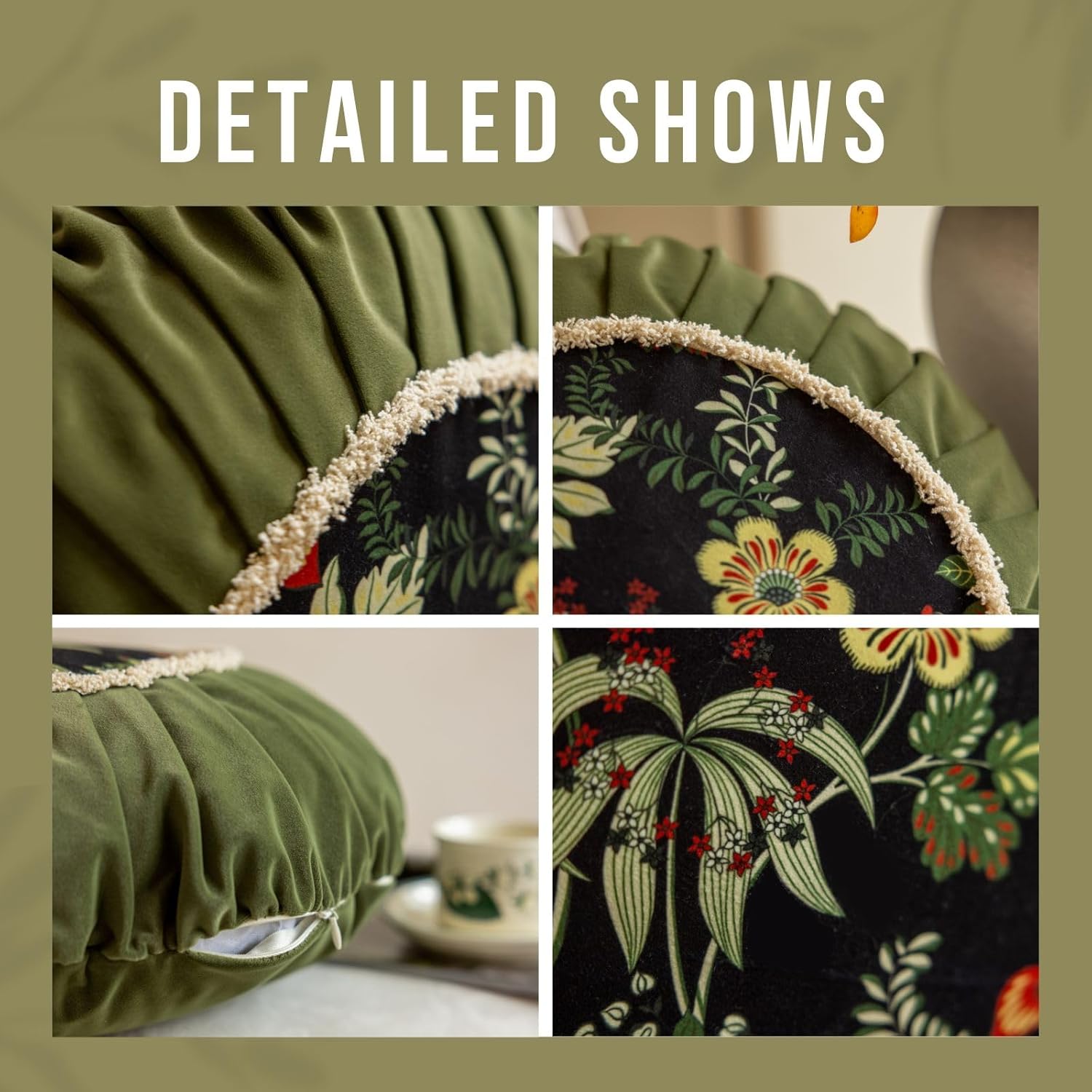 Vctops Round Throw Pillow with Zipper Vintage Floral Velvet Cushion 18 Inch