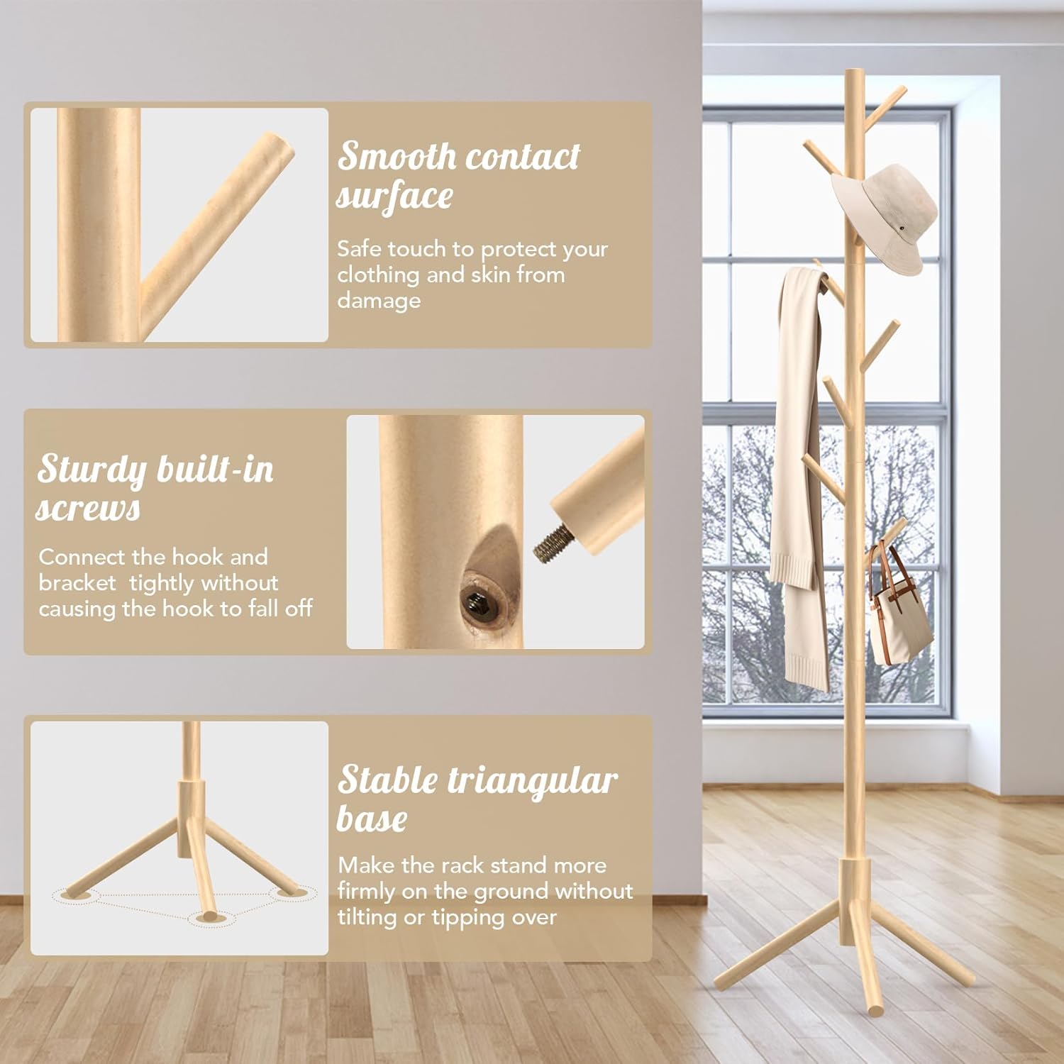 Wooden Coat Rack with 8 Hooks Freestanding
