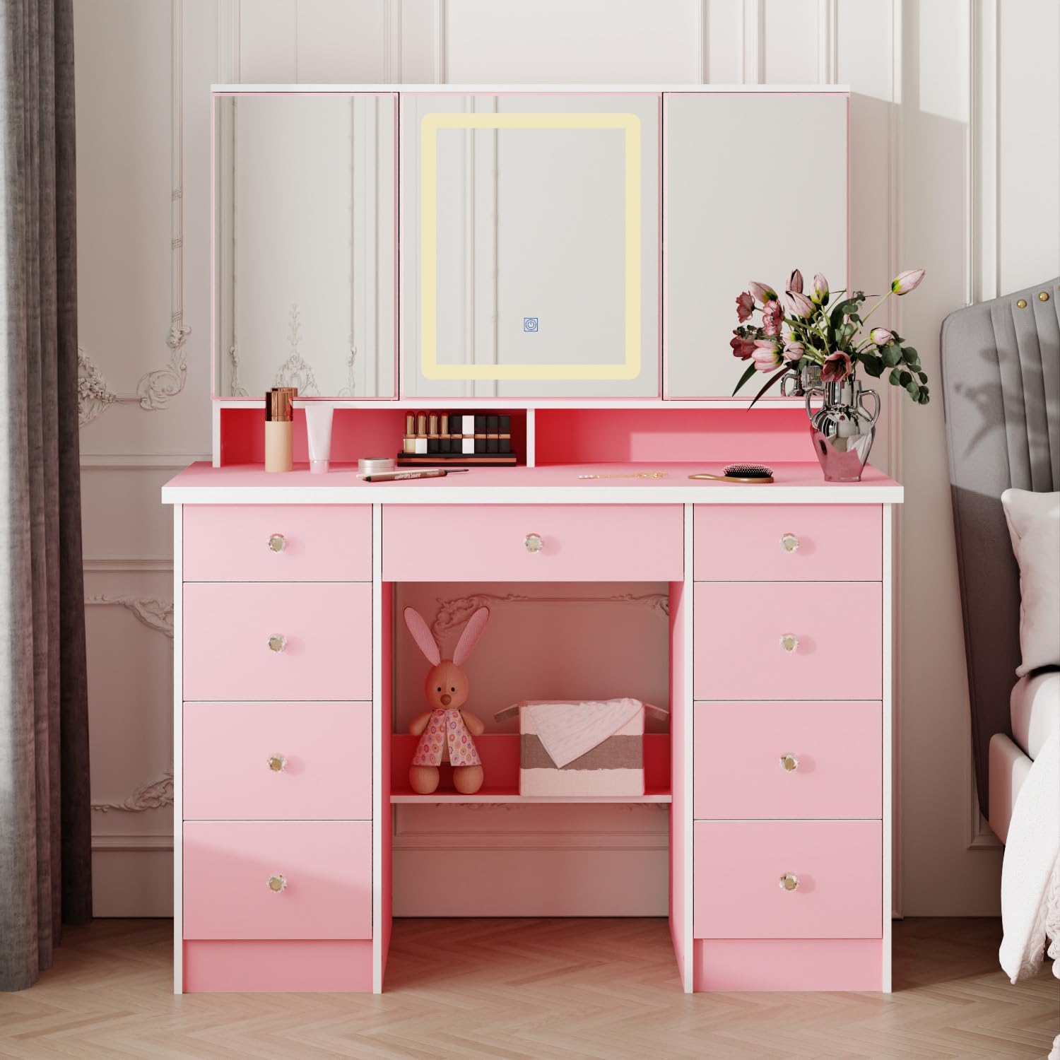 Timechee Vanity Mirror with 9 Drawers and 3 Color Lights