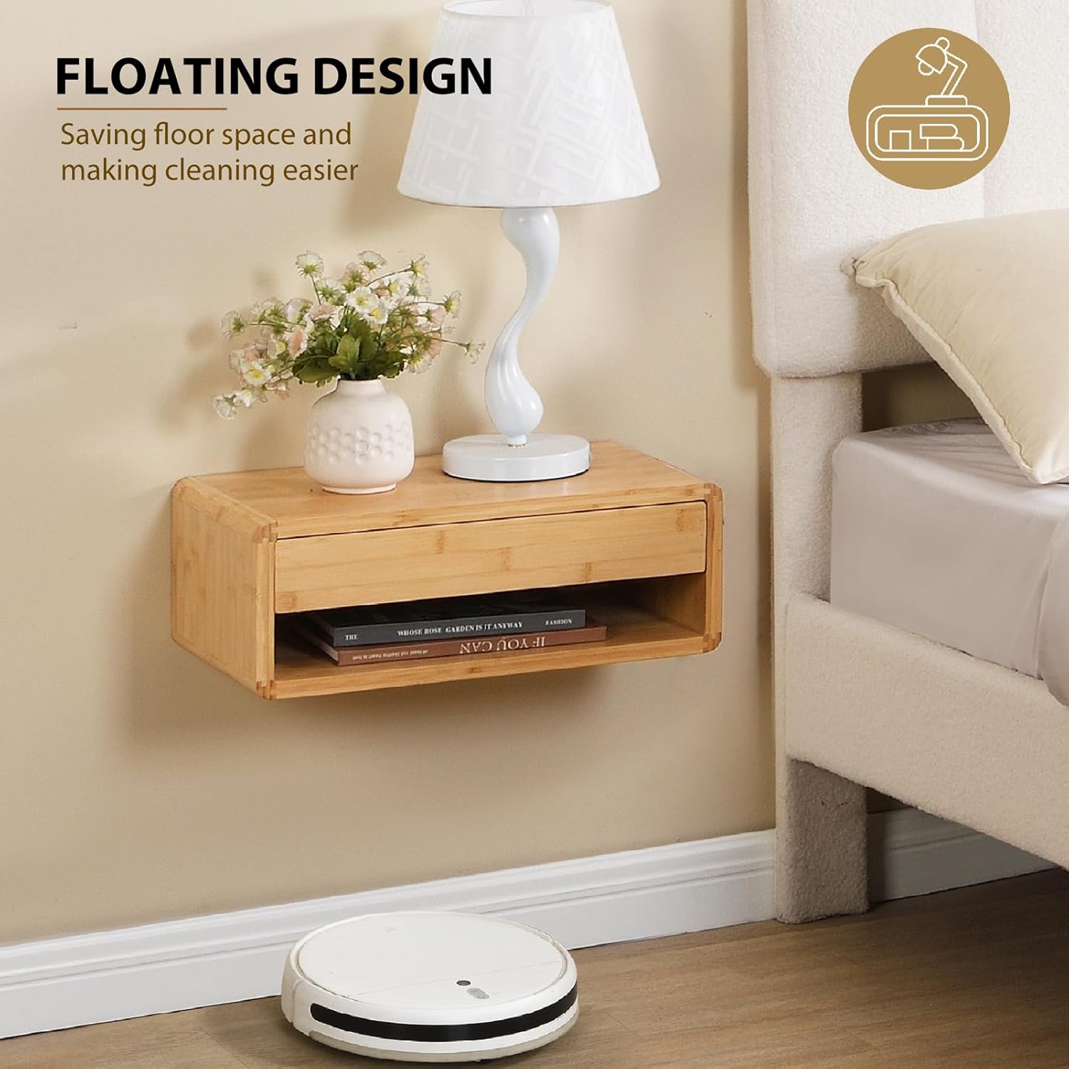 Bamboo Floating Nightstand with Storage Drawer