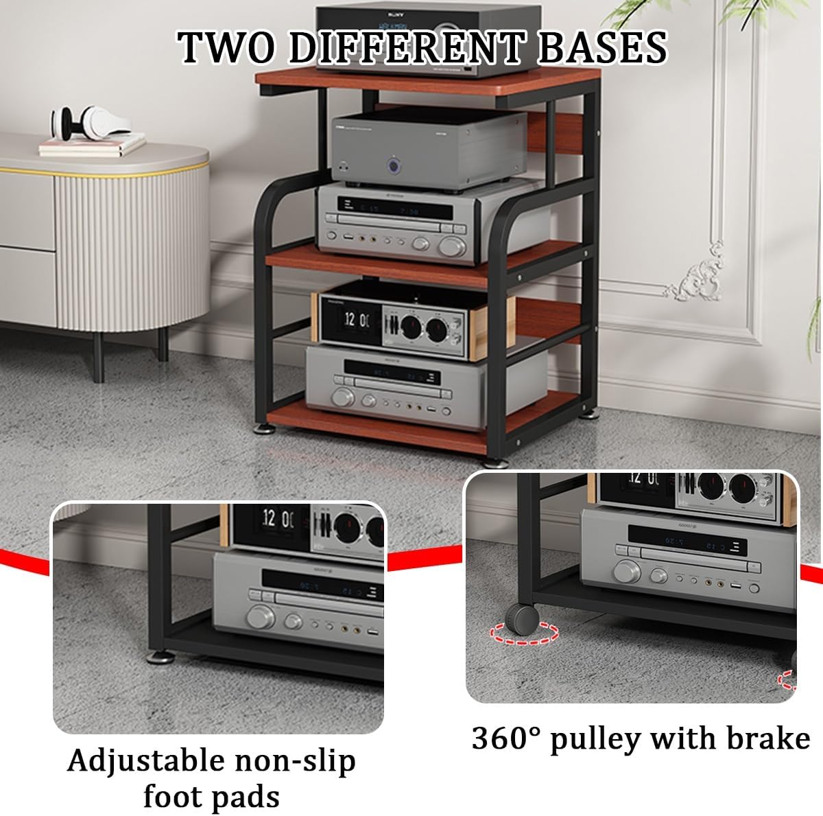 Nordivo Audio Rack Tower With Wheels 4 Tier Media Stand Corner Entertainment Cabinet Red H745cm29-B