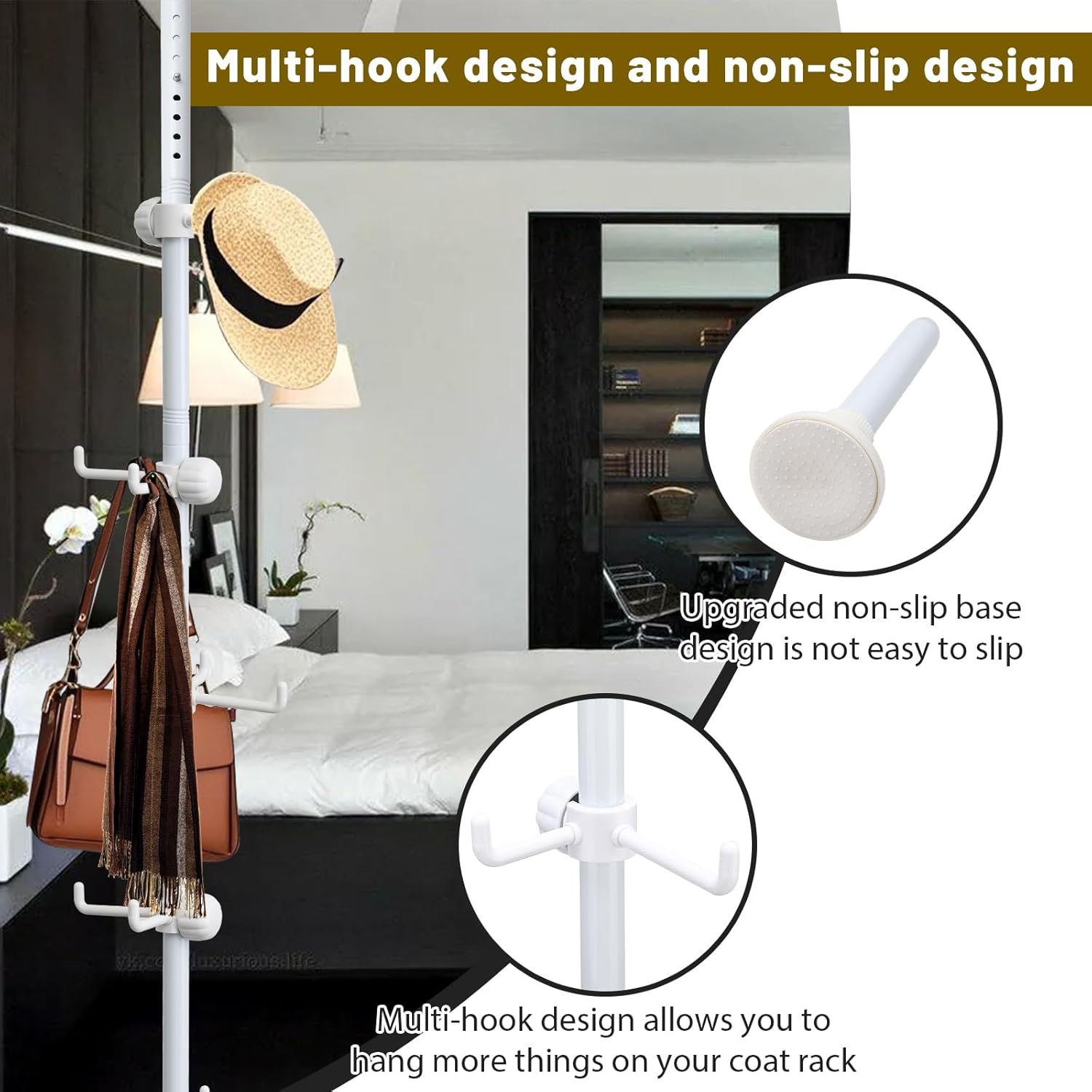 Freestanding Coat Rack with 12 Hooks and Adjustable Tension Rod White