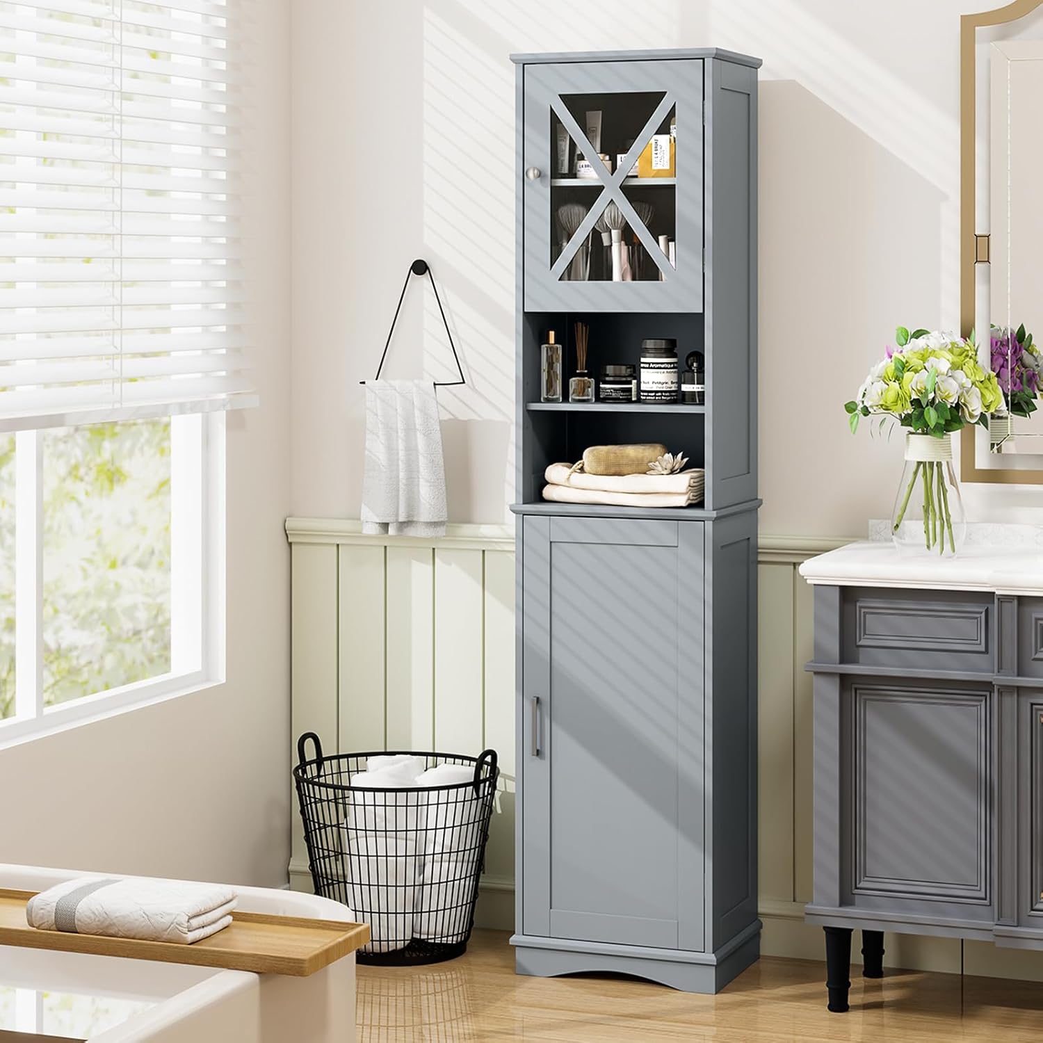 Tangkula 67 Inch Tall Bathroom Cabinet with Acrylic Doors and Adjustable Shelves