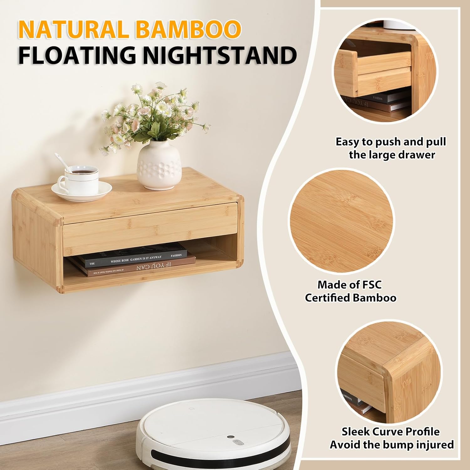 Bamboo Floating Nightstand with Storage Drawer