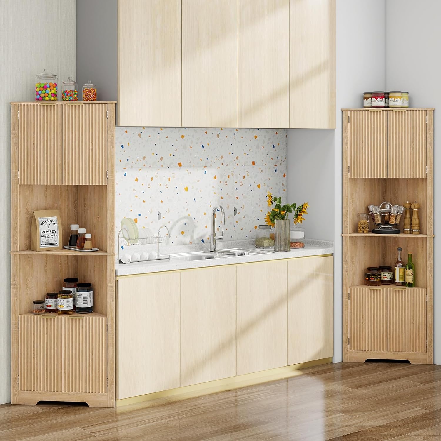 Vabches Fluted Corner Cabinet 64 Inch Storage Organizer