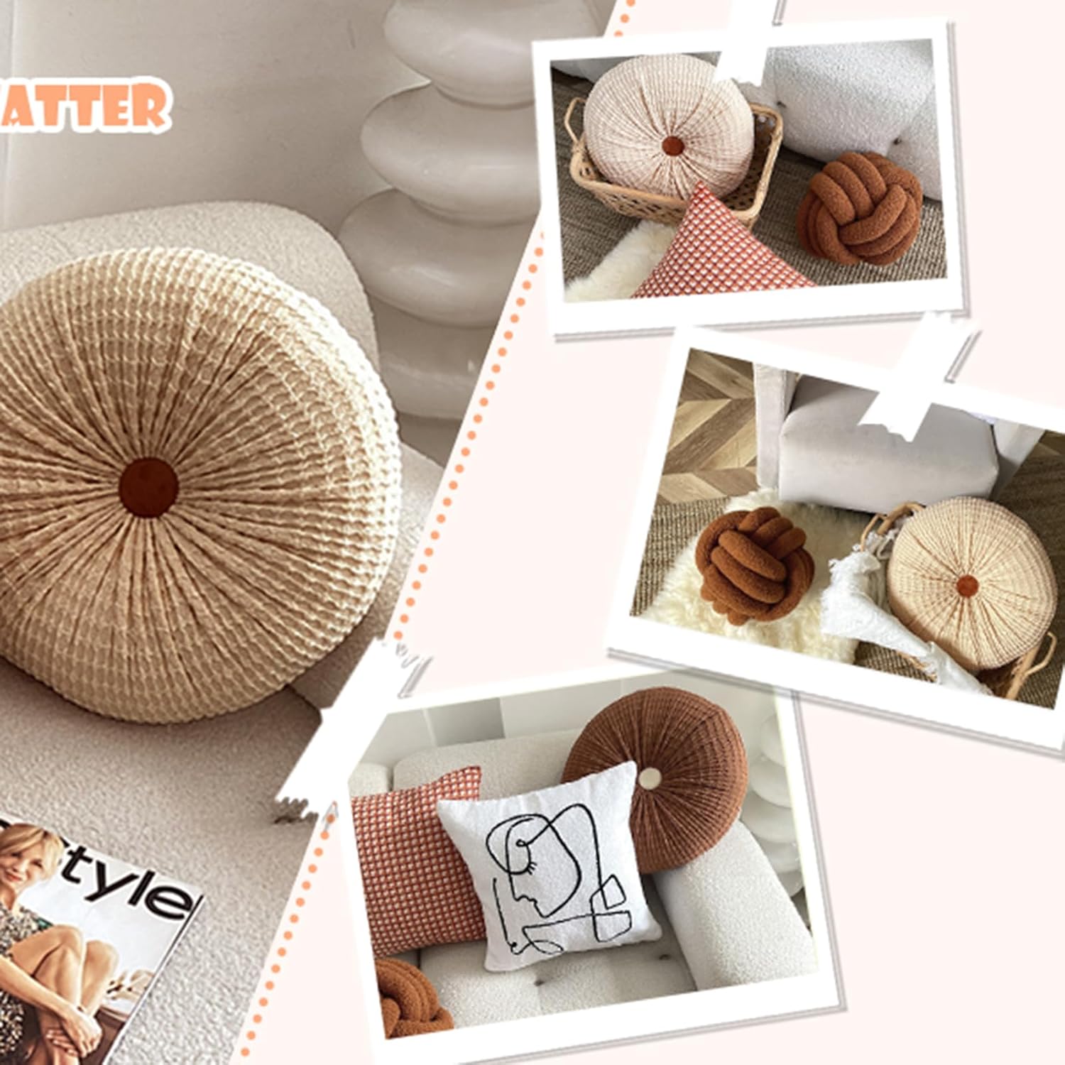 Round Throw Pillow 16 Inches Ivory Boho Decorative