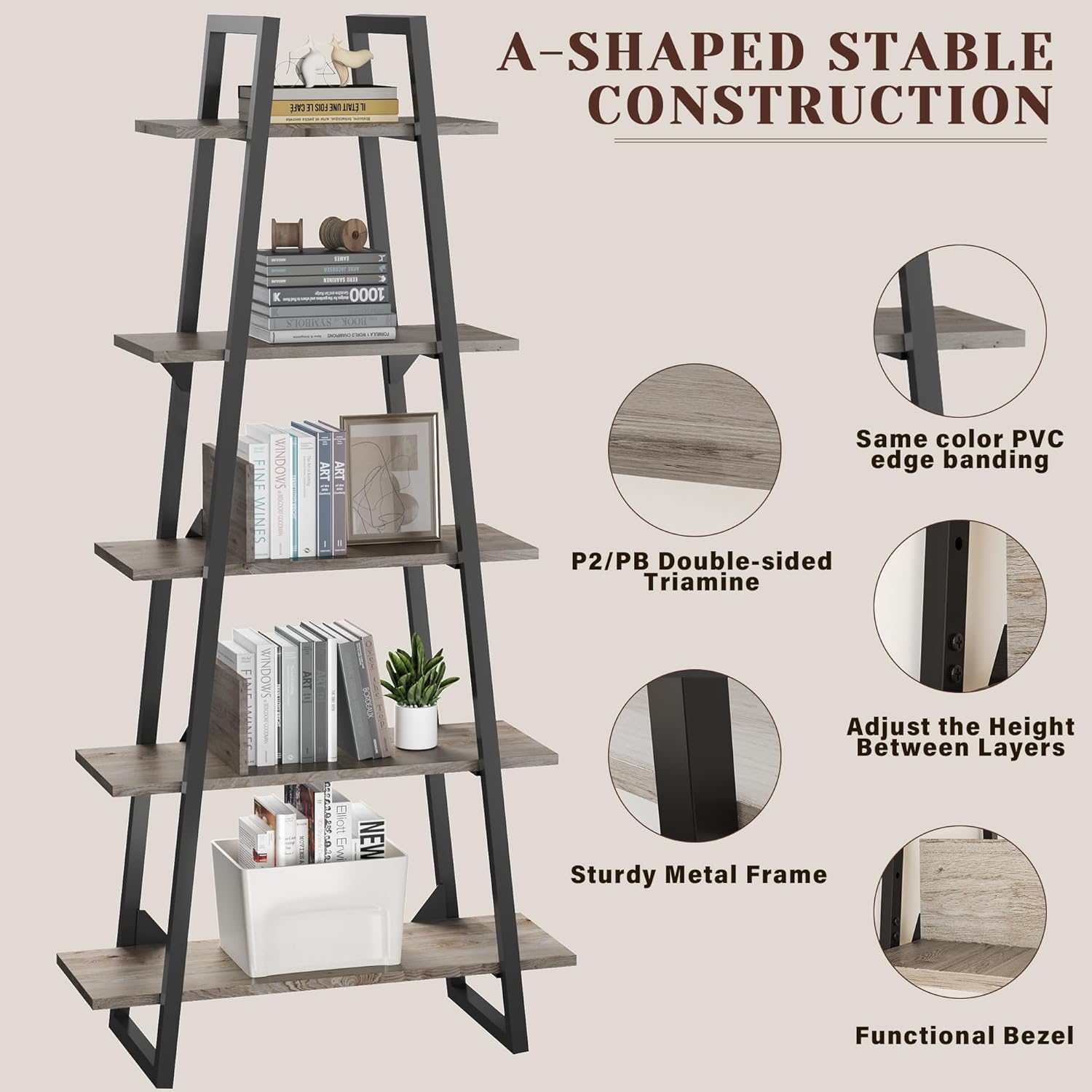 WildVenture 5-Tier A-Shape Bookshelf with Metal Frame